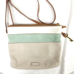 Fossil Tricolor Colorblock Beige Blue Leather Crossbody Shoulder Handbag Purse